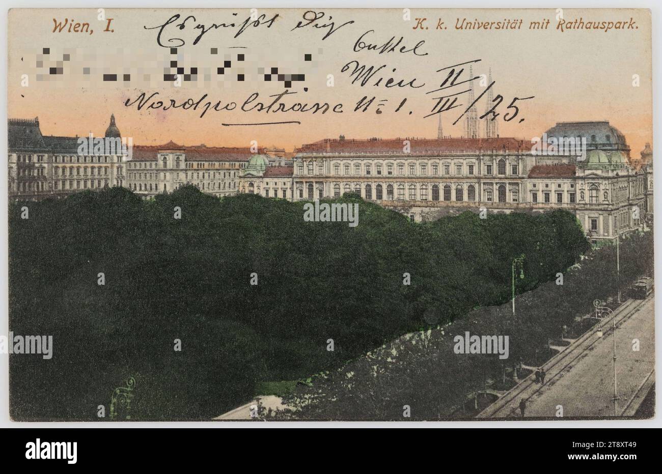Vienna, I. k. Universität mit Rathauspark, Wolf, Vereinigte Kunstanstalten, Wien, produttore, 1908, cartone, colorato a mano, collotipo, iscrizione, DA, Wien, A, Franzensfeste, INDIRIZZO, Herr, Im K. u. K. Infanterie Regmt., N=18 - 16 Comp., Franzensfeste, Tirol, MESSAGE, caro Karl! Ho ricevuto la sua tessera, le manderò qualcosa, ma non prima delle vacanze pasquali, vorrei attirare la sua attenzione sul fatto che dovrebbe essere bravo al millthär, cioè, siate puntuali e obbedienti, in modo da poter ottenere qualcosa, se diventate un sotto-ufficiale Foto Stock