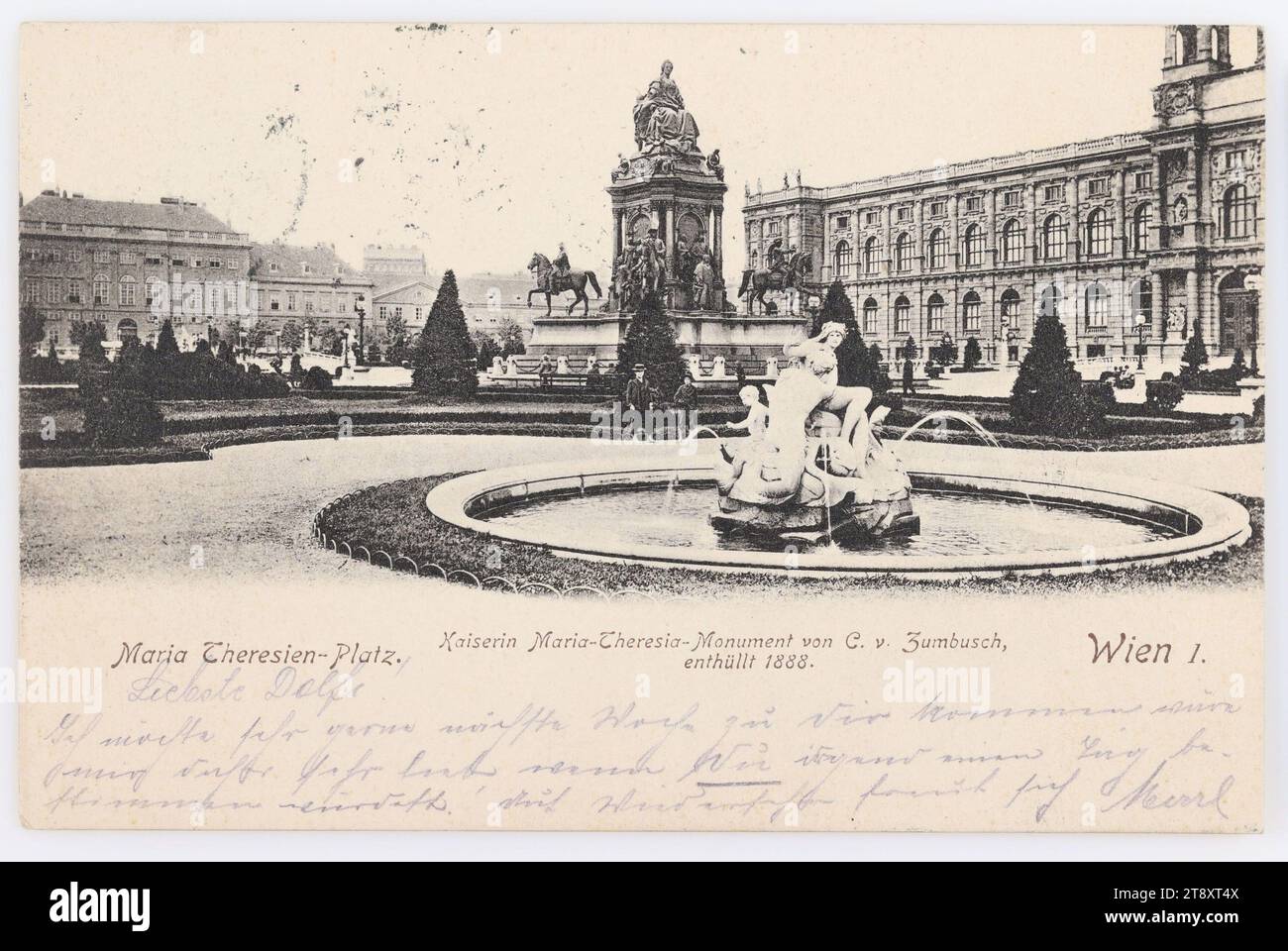 Piazza Maria Theresien. Vienna 1st, Unknown, 1903, cartone, colloype, iscrizione, DA, Vienna, A, Vienna XIX, INDIRIZZO, a Wolgeboren, donna, a Villa Dolfi, XIX Cottagegasse 46, MESSAGGIO, carissimo Dolfi! Vorrei molto venire da lei la prossima settimana, quindi le sarei molto grato se volesse specificare un giorno! A presto, Karl, Ringstraße, attrazioni, Media e comunicazione, cartoline con traslitterazione, 1° distretto: Innere Stadt, museo, piazza, luogo, circo, ecc., monumento, statua, scultura, fontana ornamentale, con persone, calligrafia, testo scritto, Maria-Theresien-Denkmal Foto Stock