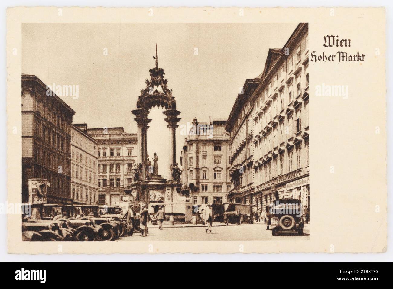 Vienna, Hoher Markt, Lenz Brothers (BL), produttore, 1939, cartone, rotocalco, iscrizione, DA, Vienna, A, Vienna, INDIRIZZO, Frau Hofrat, Vienna, XIII, Auhofstr. 189, St Josefs-Spital II, 29, MESSAGGIO, 12.11.1939, L. Rosa!, ero lì soprattutto per augurarti buona fortuna, e poi l'ho omessa, ma. Ora rimedierò e vi auguro il meglio!, Heil Hitler!, Herbert, Karl, Alles gute u. auf, Wiedersehen am Sonntag, Milla, Markets, Trade, media e comunicazione, cartoline con traslitterazione, 1° distretto: Innere Stadt, fontana ornamentale, scultura, la solita casa o fila di case Foto Stock