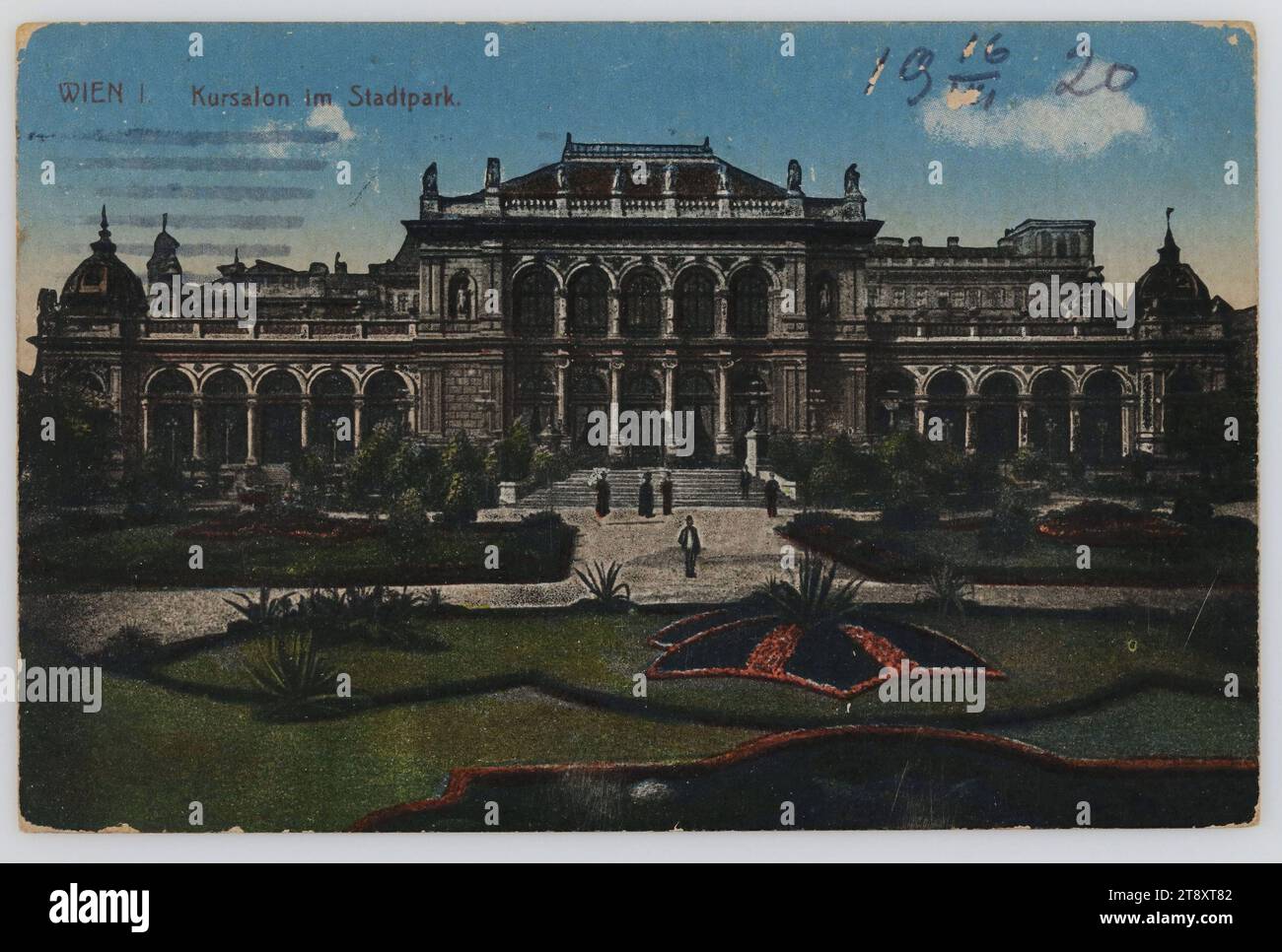 VIENNA IO Kursalon im Stadtpark, sconosciuto, 1920, cartone patinato, stampa autocromata, iscrizione, DA, Vienna, A, Praha, INDIRIZZO, cara signora Bělohorská tř. 203 Praha-Břevnov, MESSAGE, Srdečně Tě zdravím a doufám, že ve středu jsem V Praze, kdyby né, tak jsem jel do Haida. Pozdravuj Pepu i rodinu. Tvůj, vi saluto calorosamente e spero che mercoledì sarò a Praga, altrimenti mi sono recato ad Haida. Saluti Pepa e la famiglia. Vostro, Parco, industria alberghiera e ristorante, Media e comunicazione, cartoline con traslitterazione, 1° distretto: Città interna, giardini pubblici, parco, con persone Foto Stock