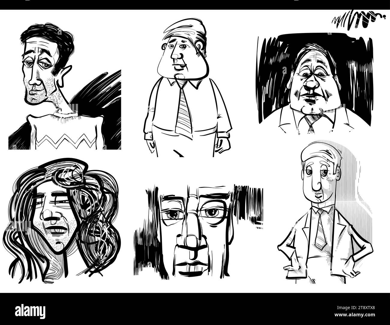 illustrazione di cartoni animati in bianco e nero di personaggi personaggi caricature set di ritratti Illustrazione Vettoriale