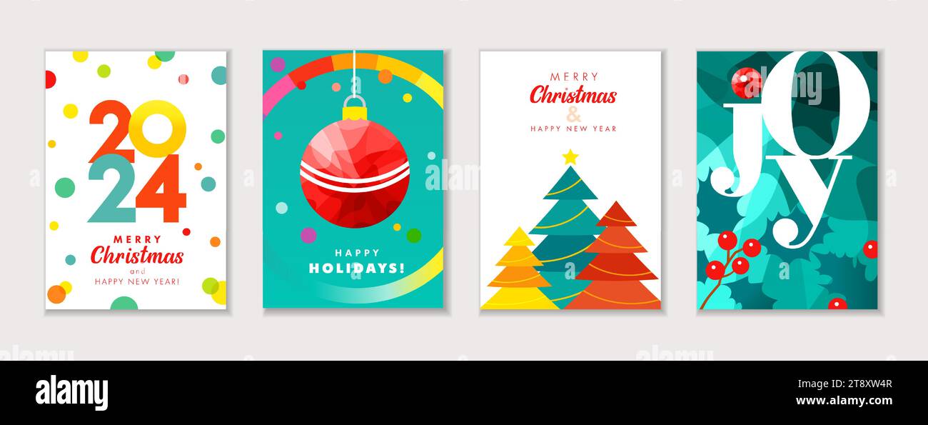 Set moderno di biglietti d'auguri o poster per Natale e Capodanno 2024. Biglietto d'auguri per buone feste con albero di Natale, pallone di natale, scritta JOY Illustrazione Vettoriale