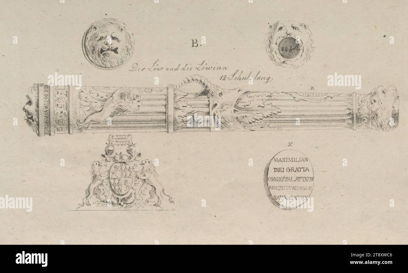 Striped Lion, Striped Lioness', Richard Purnickl (1770-1838), litografo, 1806, carta, litografia a gesso, altezza 24 cm, larghezza 37, 3 cm, eventi di guerra e guerra, Belle Arti, militari, armi da fuoco: cannon, The Vienna Collection Foto Stock