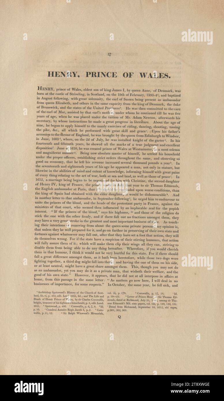 HENRY, PRINCE OF WALES.", Thomas Birch (1705-1766), Auteur, 1813, carta, stampa, altezza 49, 9 cm, larghezza 31, 3 cm, tenuta Constantin von Wurzbach, biografia (testo), la collezione di Vienna Foto Stock