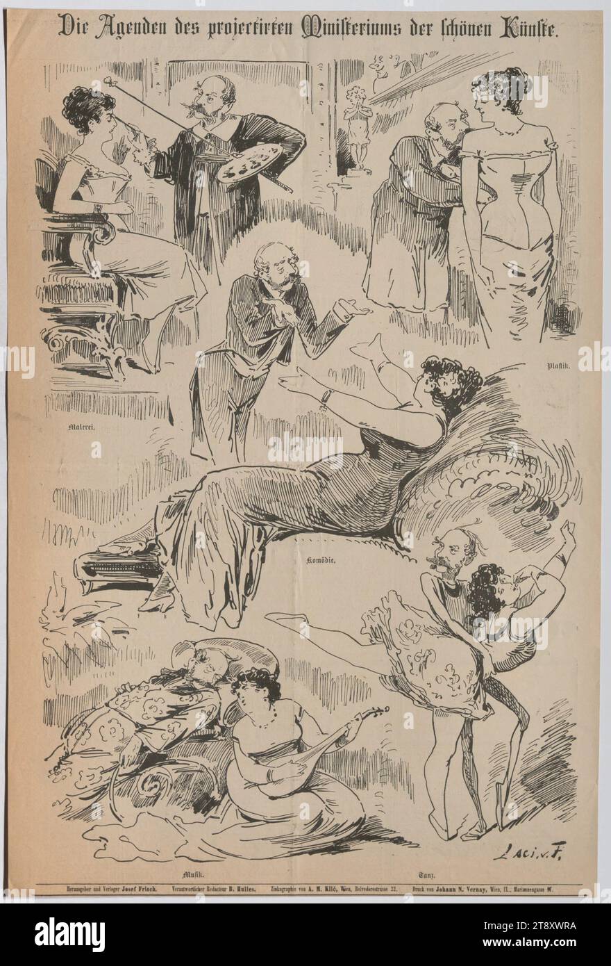 Gli ordini del giorno del previsto Ministero delle Belle Arti, László Frecskay (1844-1916), caricaturista, 1880, carta, stampa, altezza 44, 5 cm, larghezza 29, 8 cm, iscrizione: "LACI. v. F.', caricatura, Satire, politica, media e comunicazione, estate Constantin von Wurzbach, uomo, settimanale, mensile, rivista, ecc., la Vienna Collection Foto Stock