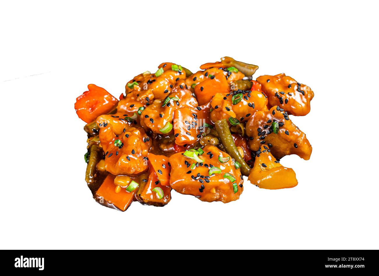 Cucina cinese di maiale dolce e aspro guo bao rou. Isolata, sfondo bianco Foto Stock