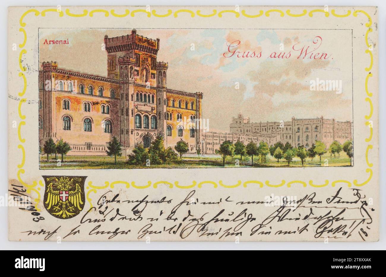 Arsenale. Saluto da Vienna, sconosciuto, 1903, cartone patinato, litografia a colori, iscrizione, A, Mähr. Weißkirchen, INDIRIZZO, Hochwolgeboren, Rittmeister-Gemalin in, Mähr. Weißkirchen, k. u. k. Cavalry Cadet School, MESSAGGIO, 12, 10 1903, ancora una volta esprimo la mia grande gioia per la riunione di oggi dopo tanto tempo! Viaggio con Dio!, militare, Media e comunicazione, cartoline con traslitterazione, 3° distretto: Landstraße, caserma, arsenale, magazzino munizioni, arsenale, calligrafia, testo scritto, The Vienna Collection Foto Stock