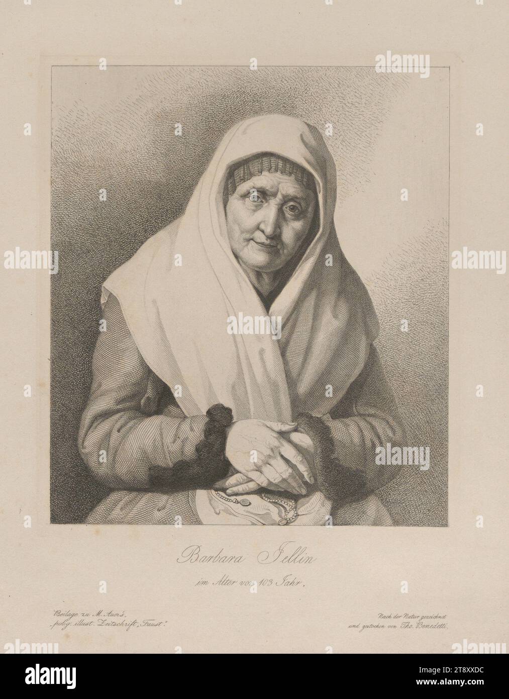 Barbara Jellin 103 anni, Thomas Benedetti (1796-1863), artista, Data prima del 1863, paper, stampa, altezza 35, 7 cm, larghezza 27 cm, dimensioni piastra 26, 2x20, 6 cm, iscrizione, 'Beilage zu M. Auer' spolig. illustrazione. Zeitschrift "Faust", "tratto dalla natura e inciso da Tho. Benedetti.', Belle Arti, tenuta Constantin von Wurzbach, ritratto, uomo, la collezione Vienna Foto Stock