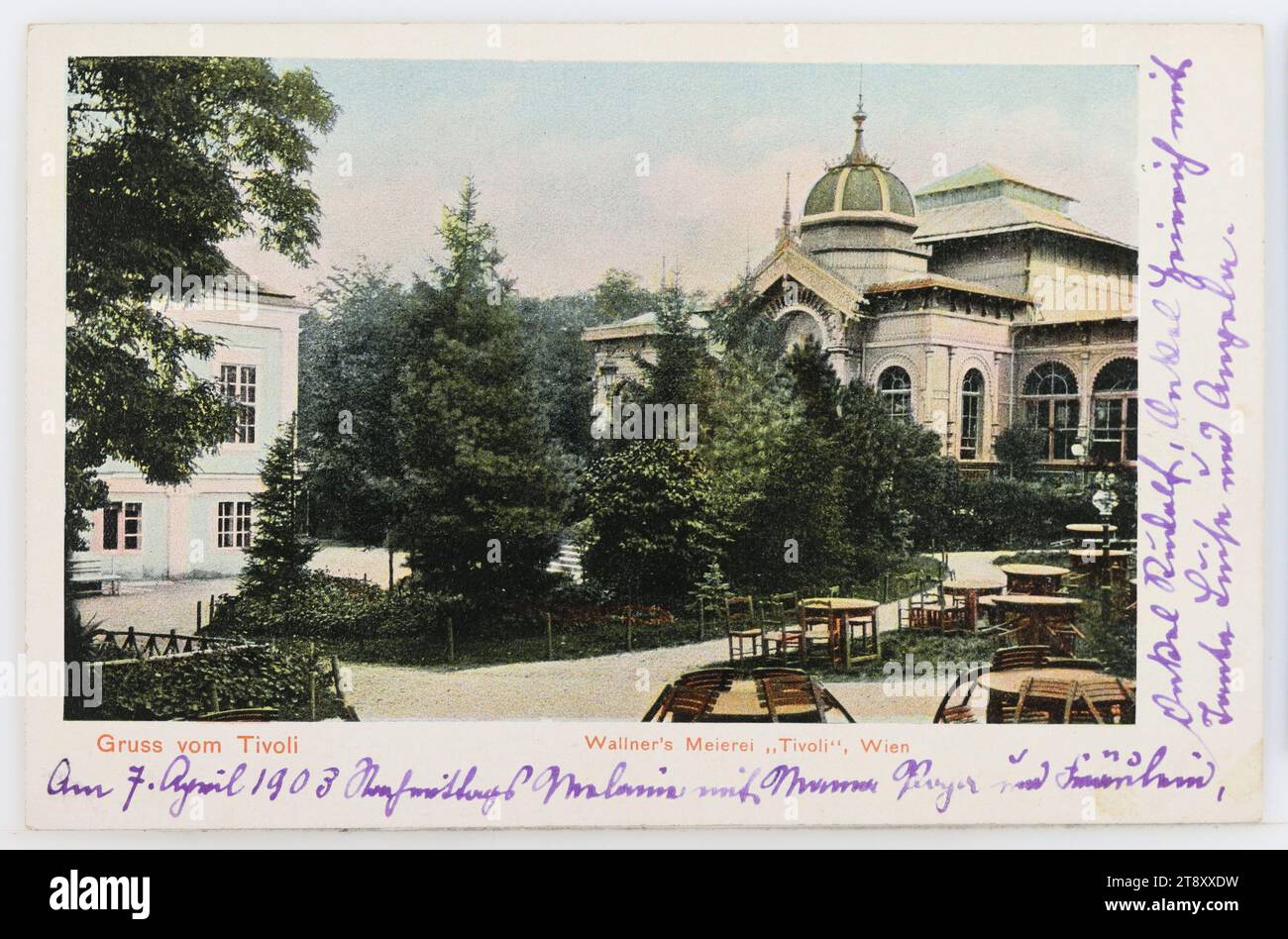 12th, Tivoli - "Wallner's Meierei", cartolina fotografica, Unknown, 1903, cartone patinato, stampa automatica, iscrizione, DA, Vienna, MESSAGGIO, il 7 aprile 1903 pomeriggio Melanie con Mama Papa e Fräulein, zio Rudolf, zio Heinrich con zia Luise e Angela, industria alberghiera e ristorante, Media e comunicazione, siti e strutture scomparsi, cartoline con traslitterazione, dodicesimo distretto: Meidling, alberi, giardino, Tivoli, calligrafia, testo scritto, la Vienna Collection Foto Stock