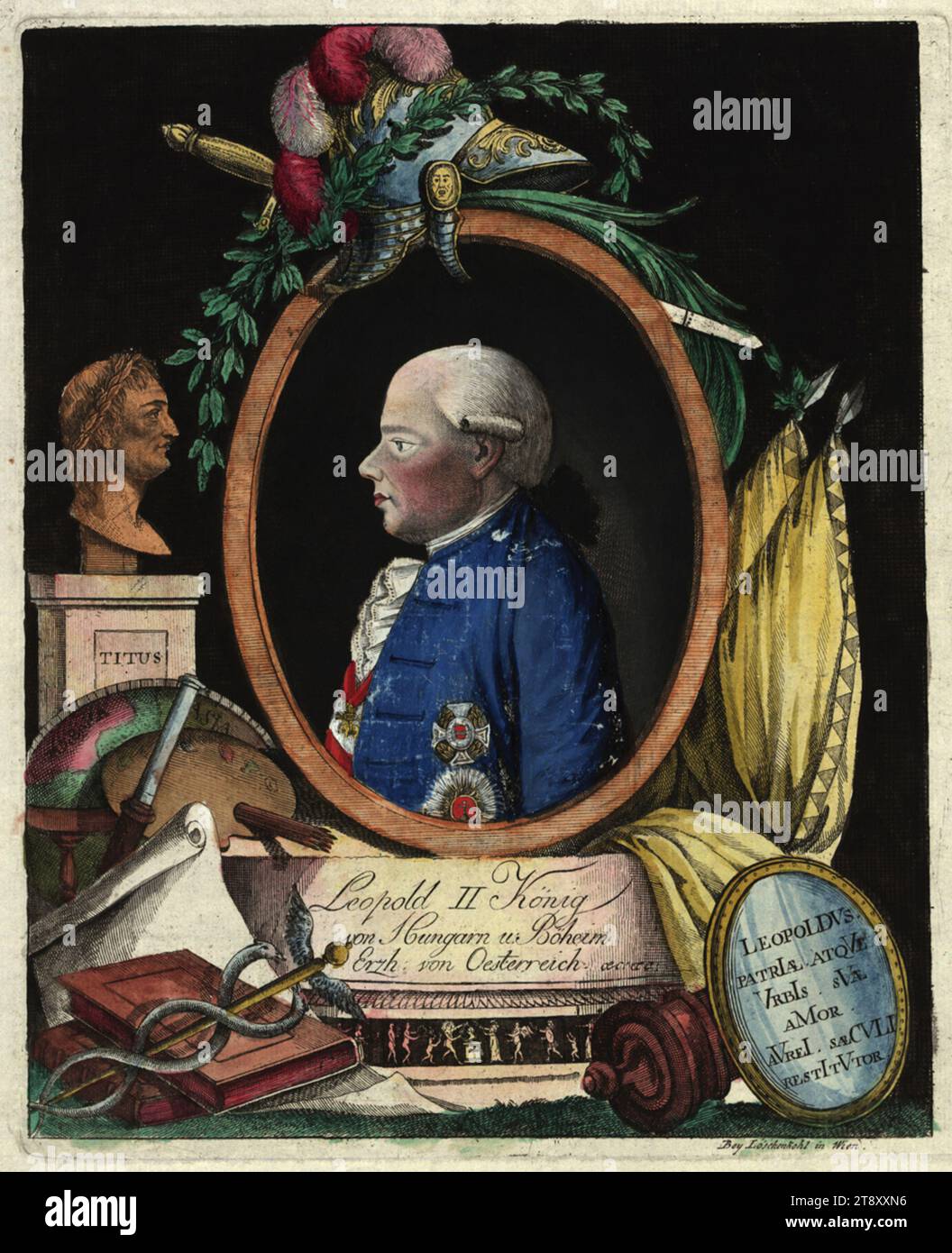 Leopoldo II (1747-1792, imperatore dal 1790), Johann Hieronymus Löschenkohl (1753-1807), casa editrice, 1790, carta, colorata, incisione su piastra di rame, dimensioni foglio 50, 5 x 38, 5 cm, dimensioni piastra 28, 5 x 23, 5 cm, iscrizione, miglia u.: Leopold II King, of Hungarn u: Böheim, Erzh: Von Oesterreich &amp;C &amp;C.; r. u.: Bey Löschenkohl in Wien., Habsburg, fine Arts, ritratto, uomo, sovrano, sovrano, re; imperatore, Kaiser Leopold II, la Vienna Collection Foto Stock