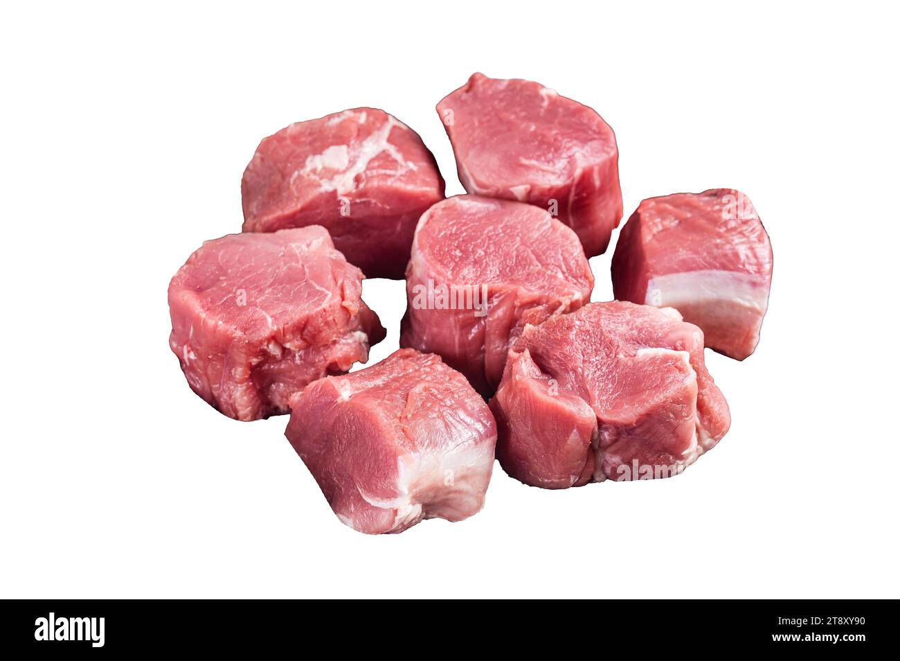 Filetto di maiale crudo con medaglioni di bistecche. Isolata, sfondo bianco Foto Stock