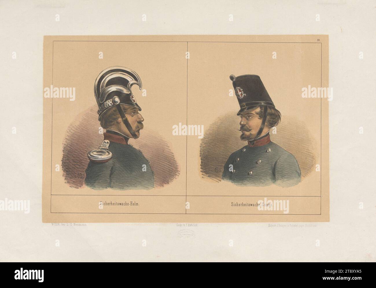 Elmetto della guardia di sicurezza. - Guardia di sicurezza Czako. (N. 10 della serie 'Chronologie, der, Kopfbedeckungen, in dem denkwürdigsten aller Jahre:, 1848., von, A. Zampis'), Anton Zampis (1820-1883), litografo, Johann Höfelich (1796-1849), stampante, Leopold Theodor Neumann (1804-1876), editore, 1848, carta, colorato, litografia a gesso, altezza 33, 3 cm, larghezza 48, 8 cm, belle arti, rivoluzioni del 1848, 1849, head-gear, The Vienna Collection Foto Stock