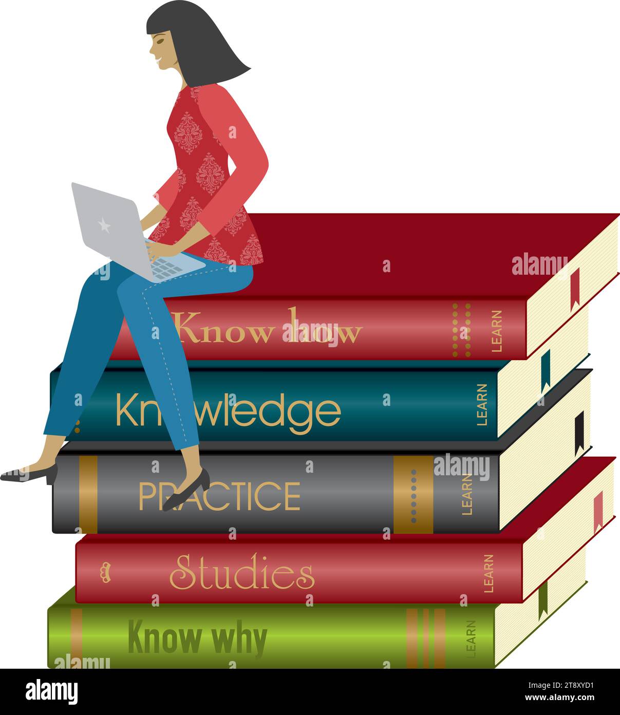 Donna con notebook seduta su una pila di libri. Isolato. Illustrazione vettoriale. Illustrazione Vettoriale