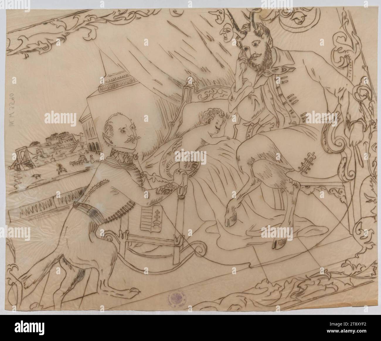 Lajos Kossuth è un uomo a zoccolo vicino a un presepe ungherese; in esso un bambino con baffi come lucertola; di fronte a lui una persona in uniforme ungherese come una creatura simile a un cane (tracciato (?) Caricatura su carta da ricalco), sconosciuto, Data intorno al 1870-1880, inchiostro indiano, carta da ricalco, disegno, altezza 32, 4 cm, larghezza 39, 7 cm, caricature, Satire, Media and Communication, Politics, Estate Constantin von Wurzbach, uomo, politico, The Vienna Collection Foto Stock