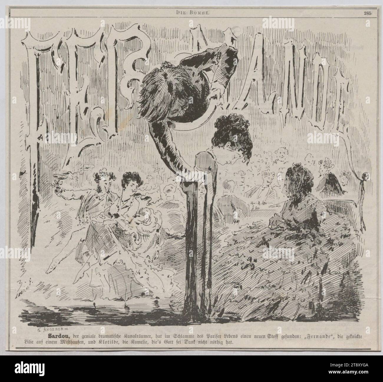 Sardou, il brillante e drammatico canale più chiaro, ha trovato un nuovo materiale nel fango della vita parigina: 'Fernande', il giglio piegato su(...)', László Frecskay (1844-1916), caricaturista, Carl Angerer (1838-1916), realizzazione, data intorno al 1870, carta, stampa, altezza 25, 8 cm, larghezza 28, 3 cm, iscrizione, 'C. ANGERER sc.', 'LACI. v. F.', caricatura, Satire, Teatro, Media e comunicazione, tenuta Constantin von Wurzbach, settimanale, mensile, rivista, ecc., Friederike Kronau, la collezione di Vienna Foto Stock