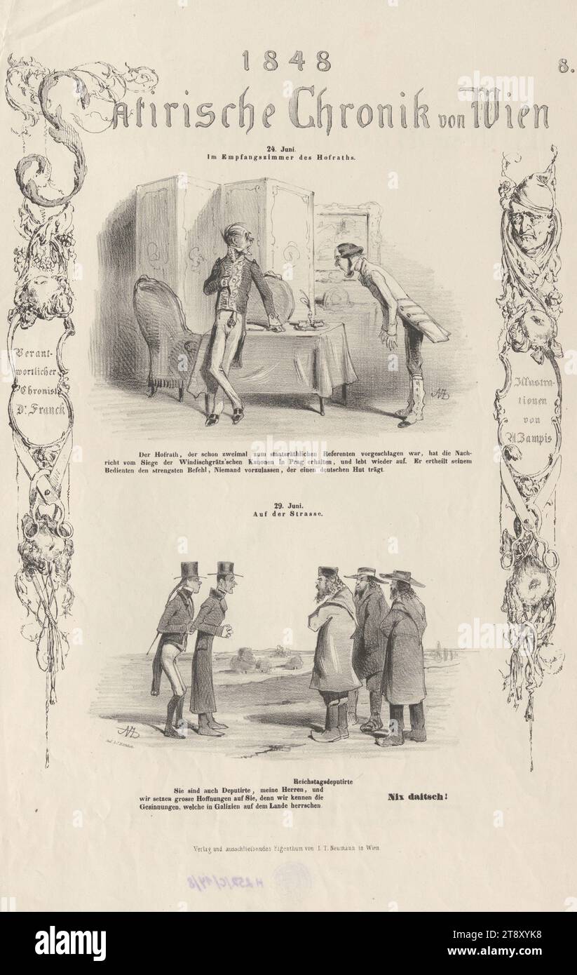 24 giugno, nella sala di ricevimento dell'Hofrath. - Giugno 29, per strada. (N. 8 della serie '1848, Satirische Chronik von Wien'), Franck, Auteur, Anton Zampis (1820-1883), litografo, Johann Höfelich (1796-1849), Stampatore, Leopold Theodor Neumann (1804-1876), editore, 1848, carta, litografia a gesso, altezza 44, 7 cm, larghezza 29 cm, caricatura, Satire, rivoluzioni del 1848, 1849, la collezione Vienna Foto Stock