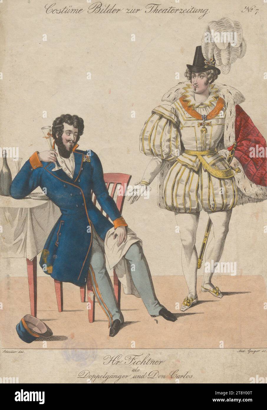 Mr. Fichtner nel ruolo di Doppelgänger e Don Carlos (immagine in costume n. 7 per il giornale del teatro), Andreas Geiger (1765-1856), incisore in rame, 1833, colorato, incisione su piastra di rame, dimensioni foglio 21, 7 x 15, 2 cm, Teatro, arti dello spettacolo, Belle Arti, attore (sul palco), Carl Albrecht Fichtner, The Vienna Collection Foto Stock