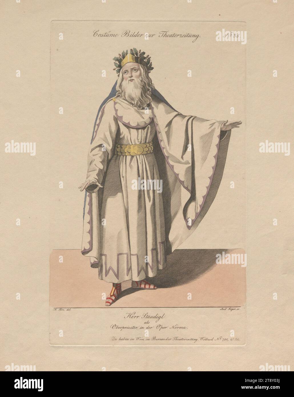 Il signor Staudigl come capo sacerdote nell'opera 'norma' (immagine in costume n.. 35 per il giornale di teatro), Andreas Geiger (1765-1856), incisore di rame, 1835, carta, colorato, incisione su piastra di rivestimento, dimensione foglio 27, 3 x 22, 2 cm, teatro, arti dello spettacolo, belle arti, attore (sul palco), la Vienna Collection Foto Stock