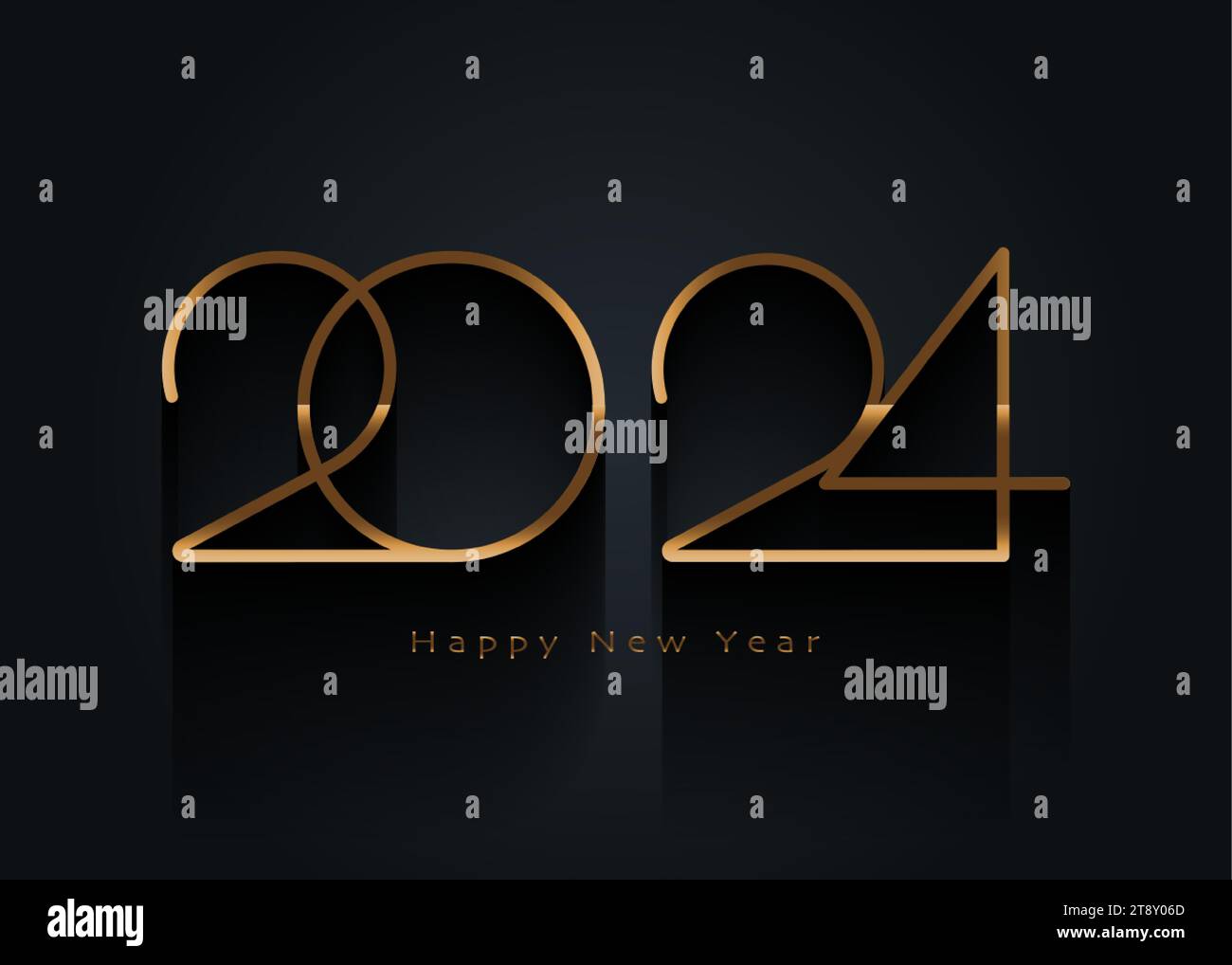 Design del logo dell'oro per il Capodanno 2024. Biglietto d'auguri per le festività. Illustrazione vettoriale. Design festivo per biglietti d'auguri, inviti, calendario, feste, holi dorati Illustrazione Vettoriale