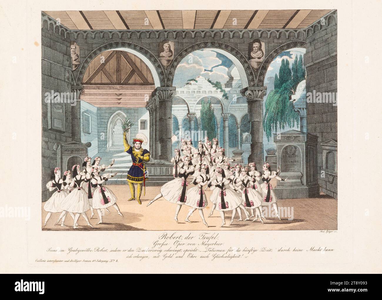 Robert der Teufel', opera di Mayerbeer (gallerie drolliger Scenen zur Theaterzeitung, 6. JG., Nr. 8), Andreas Geiger (1765-1856), incisore rame, 1832, carta, colorata, incisione su copperplate, dimensione foglio 27, 3 x 35, 8 cm, Teatro, Belle Arti, Arti dello spettacolo, attore (sul palco), la Vienna Collection Foto Stock