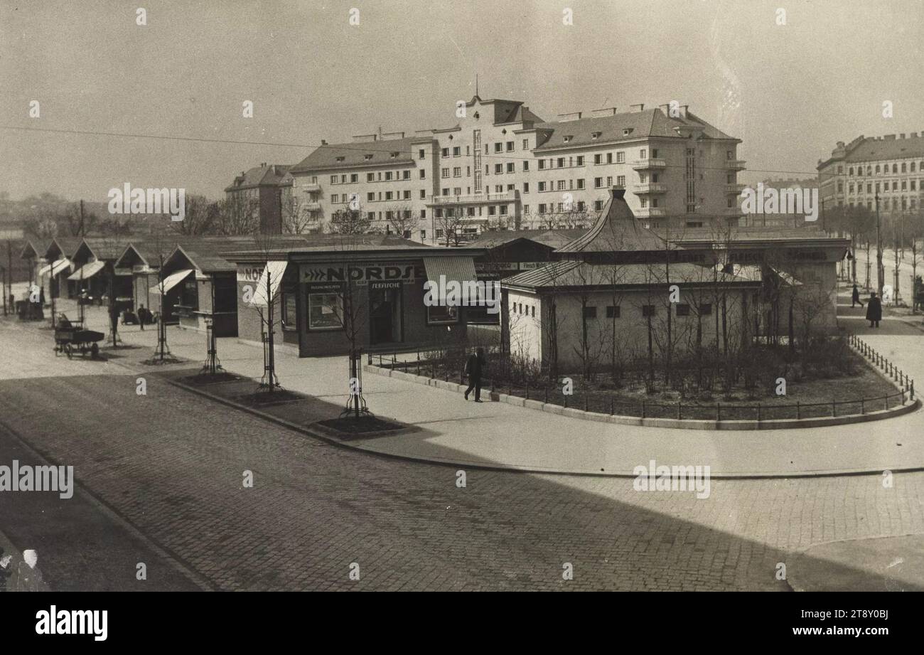 11th, Lorystraße, Polkorabplatz - Market - background Widholzhof, Unknown, Date Around 1926, gelatina carta argento, altezza x larghezza 39 x 60, 8 cm, Vienna rossa, Gemeindebau, edilizia popolare, mercati, Living, Trade, undicesimo distretto: sobbollire, stand, stand (market), Widholzhof, appartamento, casa, la collezione Vienna Foto Stock