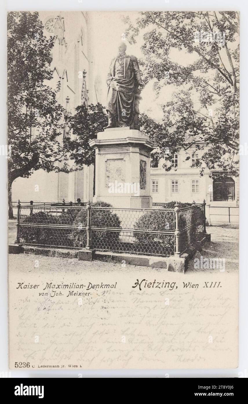13th, AM Platz - Kaiser-Max-Denkmal, cartolina fotografica, Carl (Karl) Ledermann jun., produttore, 1903, cartone, colloype, iscrizione, TO, Kalksburg, INDIRIZZO, Hochwohlgeboren Herrn, stud gymn. Mio caro Bruno, poiché credo che il vostro giorno di nome sia in questi giorni, vi mando le mie più sentite congratulazioni, siete già in buona salute o state ancora riposando, finché non vi sarete ripresi dagli sforzi della scuola? Martedì scorso ho incontrato tuo padre all'Austria Kränzchen [nota: Evento di danza della sezione austriaca del DÖAV], dove ho ballato molto diligentemente. Beh, salve Bruno, saluti da Theodor Foto Stock
