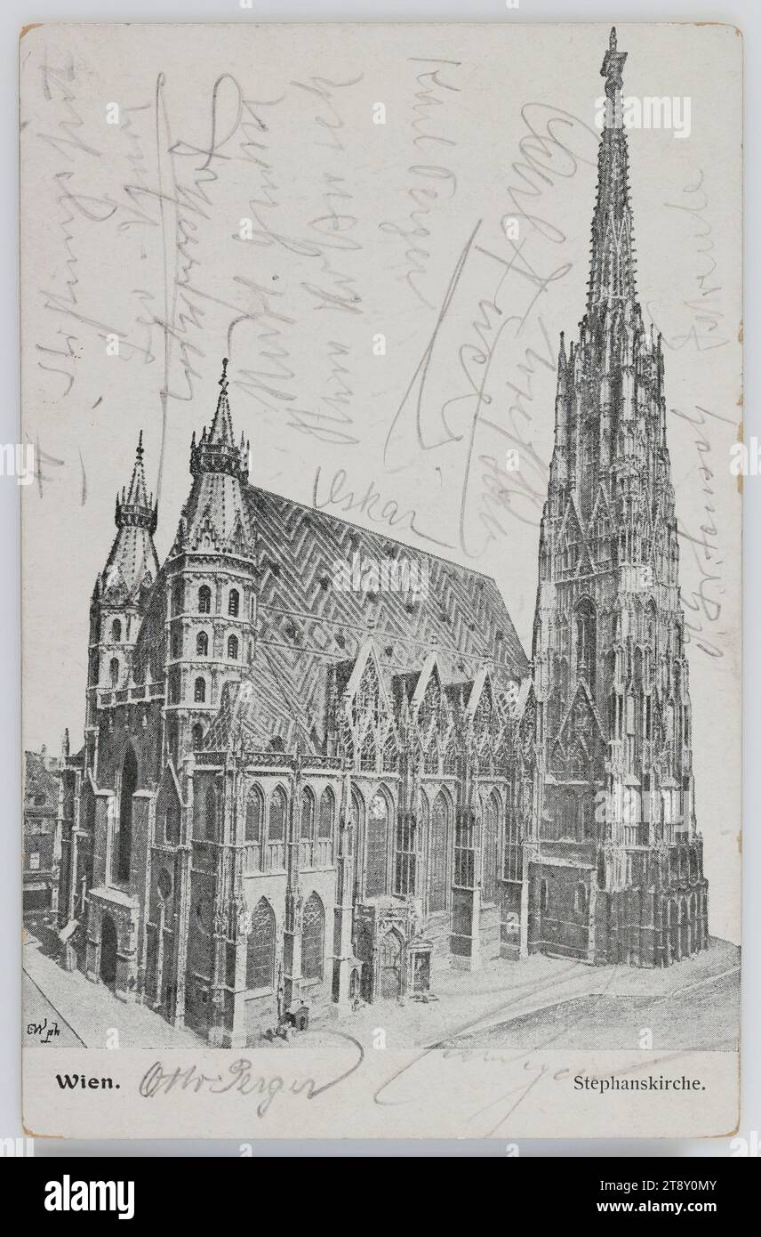 1°, St. Cattedrale di Stefano, cartolina fotografica, A. Grünspann, produttore, data prima del 1905, cartone, stampa mezzitoni, iscrizione, DA, [non inviato], A, Vienna III, INDIRIZZO, Sr. Hochwohlgeboren [nome] Vienna III Marokkanerg. 19° MESSAGGIO, IV Stiftungsfest... Leo... Herzl. Grüsse...Ilskar...Karl Perger...Carl...Dr. G. v....otto Berger... St. Cattedrale di Stefano, attrazioni, Media e comunicazione, cartoline con traslitterazione, 1° distretto: Innere Stadt, chiesa (esterno), St Cattedrale di Stefano, scrittura a mano, testo scritto Foto Stock