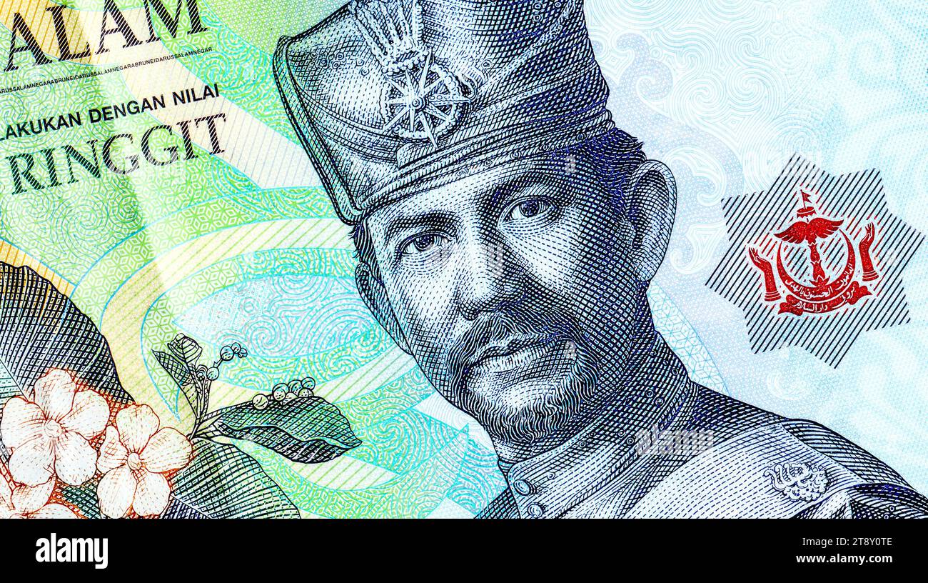 Ritratto del sultano Hassanal Bolkiah sulla banconota da 1 dollaro del Brunei. Banconota Darussalam della Banca del Brunei. Sua Maestà Sultan Haji Hassanal Bolkiah in campo militare Foto Stock