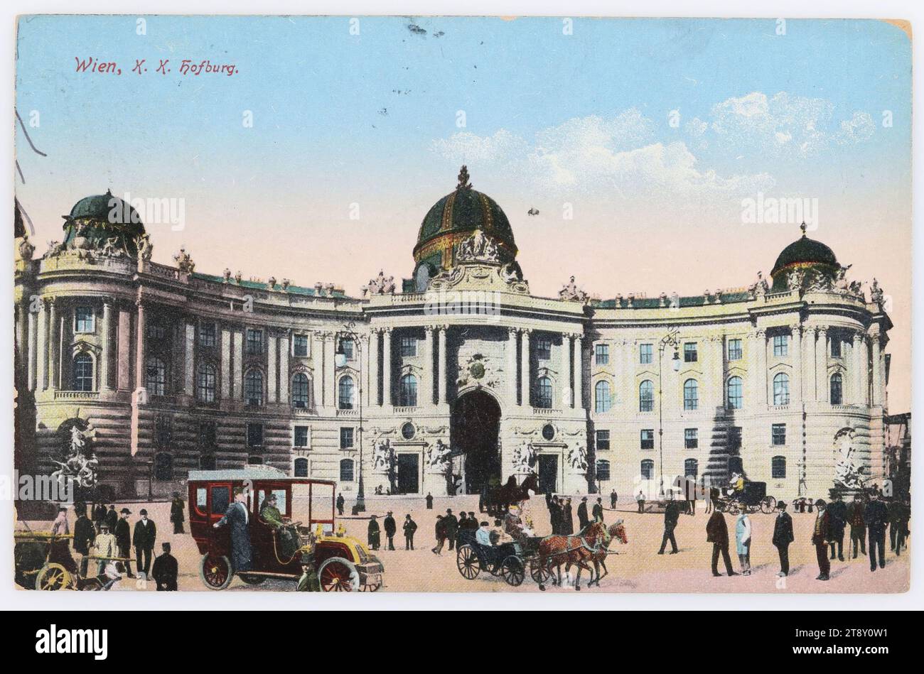 Vienna, K. K. Hofburg, Unknown, 1913, cartone rivestito, stampa automatica, iscrizione, DA, Wien, A, Perchtoldsdorf, INDIRIZZO, Hochwohlgeboren, Herrn, Dr., k.k.. Hofrat, Perchtoldsdorf, Wienergasse 35, MESSAGGIO, caro Hofrat, in caso di condizioni meteorologiche favorevoli mi prenderò la libertà di venire a Perchtoldsdorf giovedì 28, con la massima stima [...], Asburgo, attrazioni, Media e comunicazione, cartoline con traslitterazione, 1° distretto: Innere Stadt, palais, Palace, Square, Place, circo, ecc., automobili, veicoli a quattro ruote, veicoli a trazione animale, ad esempio: cabina, carrello Foto Stock