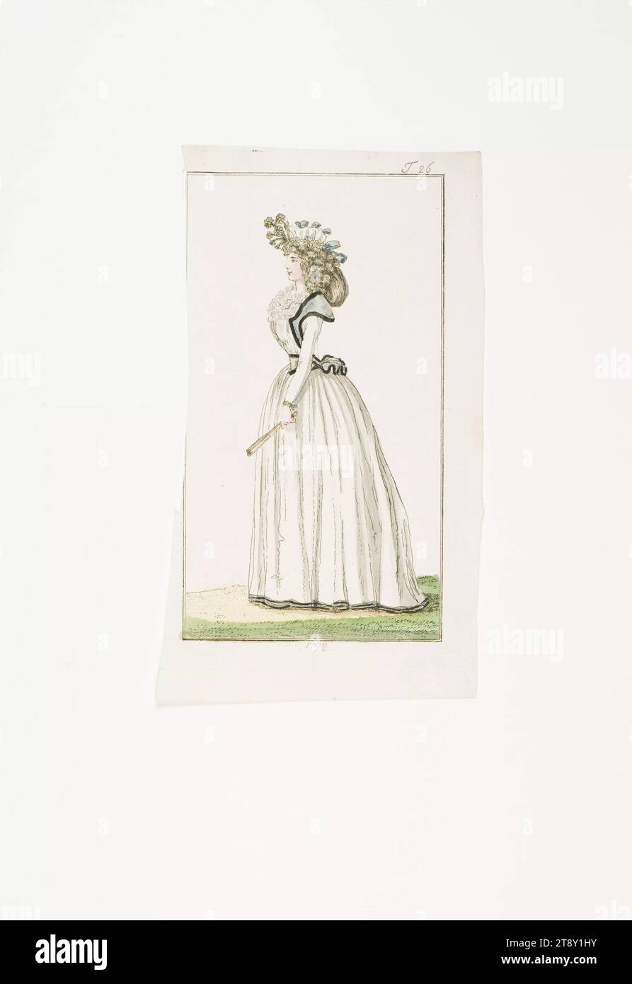 Foto della moda: "Abito da donna inglese", sconosciuto, 1792, carta, colorato, incisione su piastra di rame, altezza 20, 4 cm, larghezza 12 cm, dimensione piastra 17, 4 x 9, 5 cm, moda, borghesia, piatti di moda, copricapo, donna, abito, abito, The Vienna Collection Foto Stock