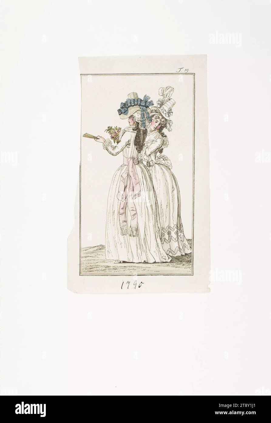 Foto di moda: 'Abiti estivi femminili', sconosciuto, 1790, carta, colorata, incisione su piastra di rame, altezza 20, 4 cm, larghezza 11, 1 cm, dimensioni piastra 17, 5 x 9, 8 cm, moda, borghesia, piatti alla moda, copricapo, donna, ventilatore, accessori ( abbigliamento), la Vienna Collection Foto Stock
