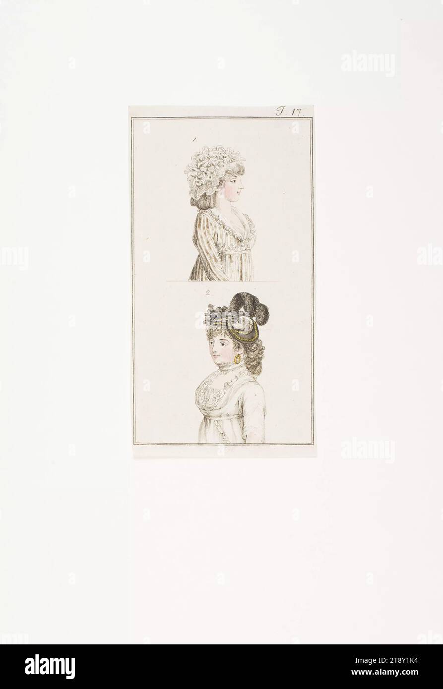 Foto della moda: "Cappuccio femminile e abiti per capelli", sconosciuto, 1798, carta, colorata, incisione su piastra di rame, altezza 18, 5 cm, larghezza 9, 9 cm, dimensioni piastra 17, 4 x 9, 5 cm, moda, borghesia, piatti alla moda, copricapo, donna, vestito, abito, la Vienna Collection Foto Stock