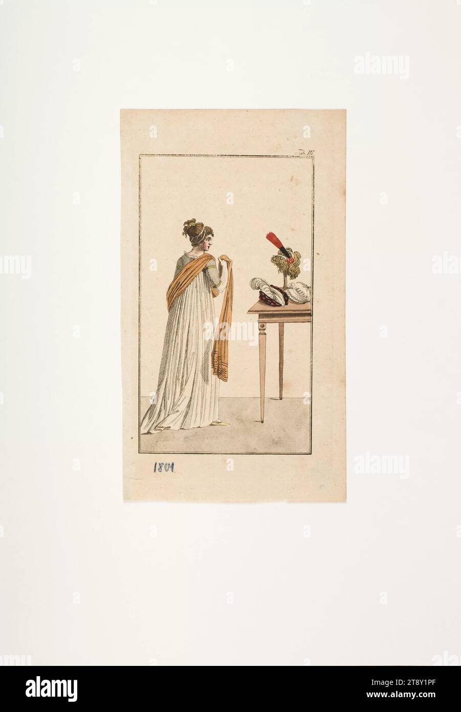 Foto della moda: "Lady in formale dress- head-gear", sconosciuto, 1801, carta, colorata, incisione su piastra di rame, altezza 20 cm, larghezza 11, 4 cm, dimensione piastra 15, 2x8, 9 cm, moda, borghesia, feste pubbliche e celebrazioni, piatti di moda, copricapo, abiti per le occasioni ufficiali, donna, attrezzatura da collo  abbigliamento, abito, abito, la Vienna Collection Foto Stock