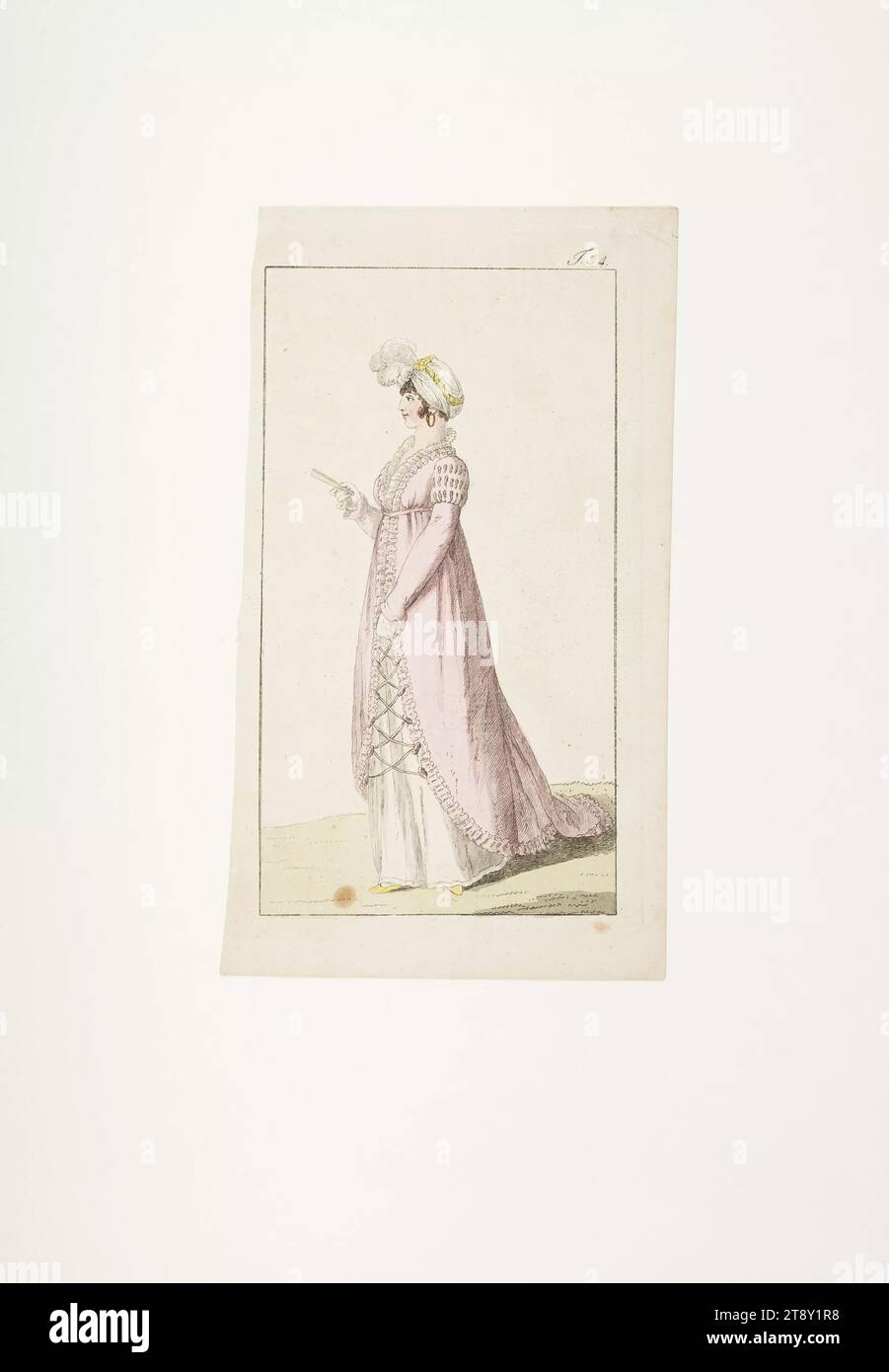 Foto della moda: "Lady in Pink atlas Dress", sconosciuto, 1804, carta, colorata, incisione su piastra di rame, altezza 20, 4 cm, larghezza 11, 3 cm, dimensioni piastra 17, 2x9, 5 cm, moda, borghesia, piatti alla moda, copricapo, copricapo: turbante, donna, abito, abito, la Vienna Collection Foto Stock