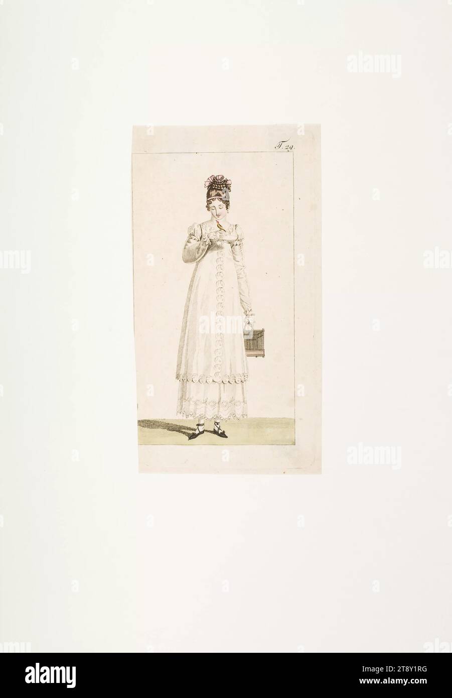 Foto della moda: "Giovane donna in abito percale", sconosciuto, 1813, carta, colorata, incisione su piastra di rame, altezza 20, 7 cm, larghezza 9, 8 cm, dimensioni piastra 15, 3 x 8, 5 cm, moda, borghesia, piatti alla moda, copricapo, donna, vestito, abito, la Vienna Collection Foto Stock