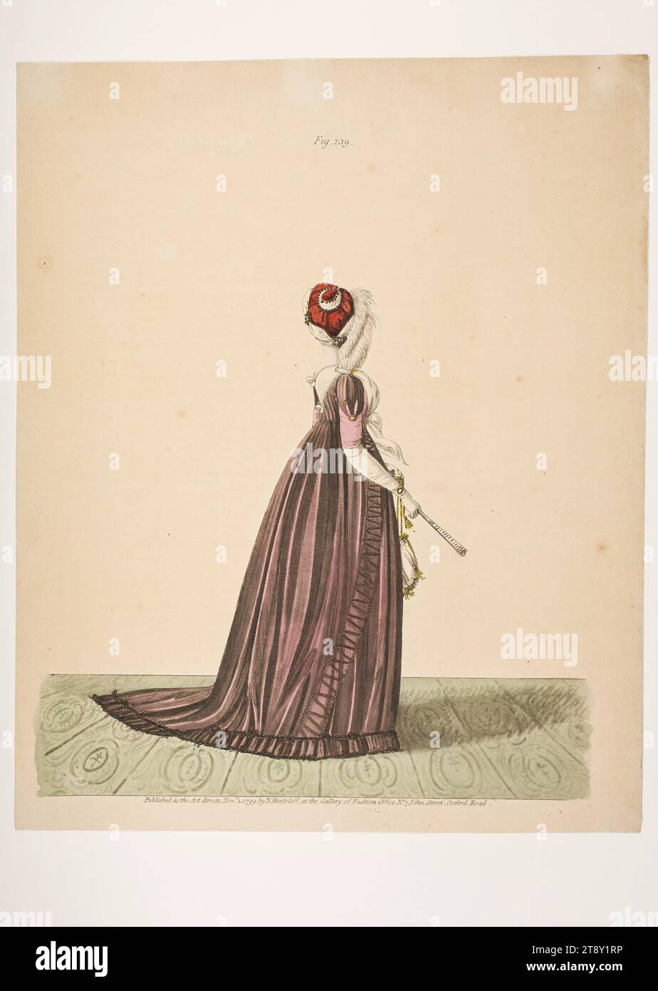 Foto di moda: "Eine Dame im Abendanzug - abito da sera)", sconosciuto, 1799, carta, colorata, incisione su piastra di rame, altezza 28, 4 cm, larghezza 23, 3 cm, moda, borghesia, vita notturna, danza, piatti di moda, copricapo, donna, abito, abito, The Vienna Collection Foto Stock