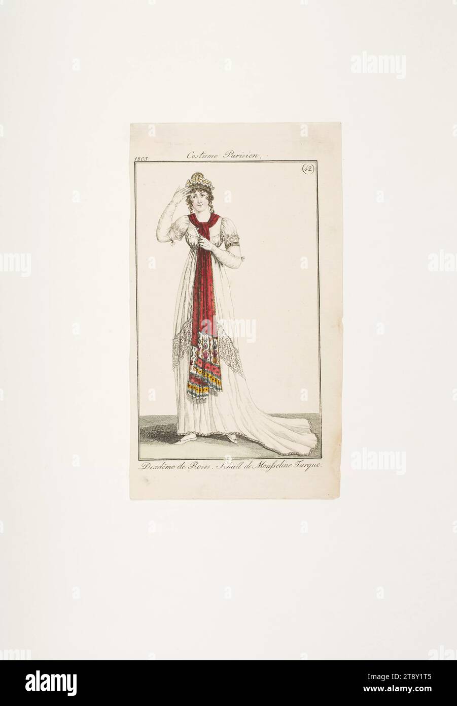 Foto della moda: "Lady with sciarf and rose diadem", sconosciuto, 1803, carta, colorata, incisione su piastra di rame, altezza 19, 4 cm, larghezza 11 cm, dimensione piastra 15, 4 x 9, 5 cm, moda, borghesia, piatti di moda, copricapo, donna, copricapo  abbigliamento, abito, abito, la Vienna Collection Foto Stock