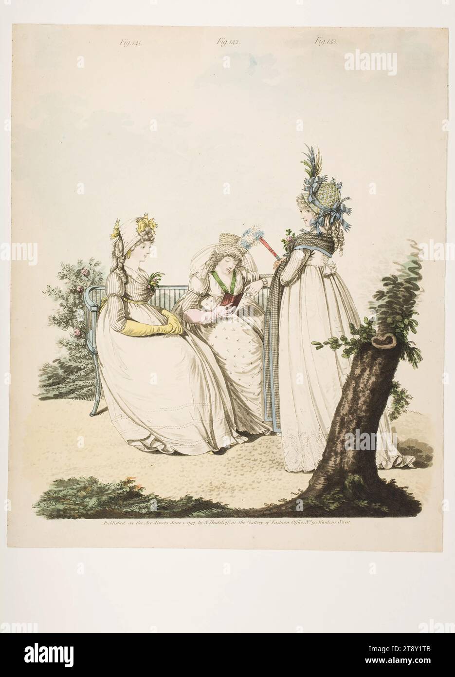 Foto di moda: "Tre donne in abiti mattutini", sconosciuto, 1797, carta, colorata, incisione su piastra di rame, altezza 28 cm, larghezza 23, 4 cm, Moda, borghesia, piatti di moda, copricapo, donna, vestito, abito, la Vienna Collection Foto Stock