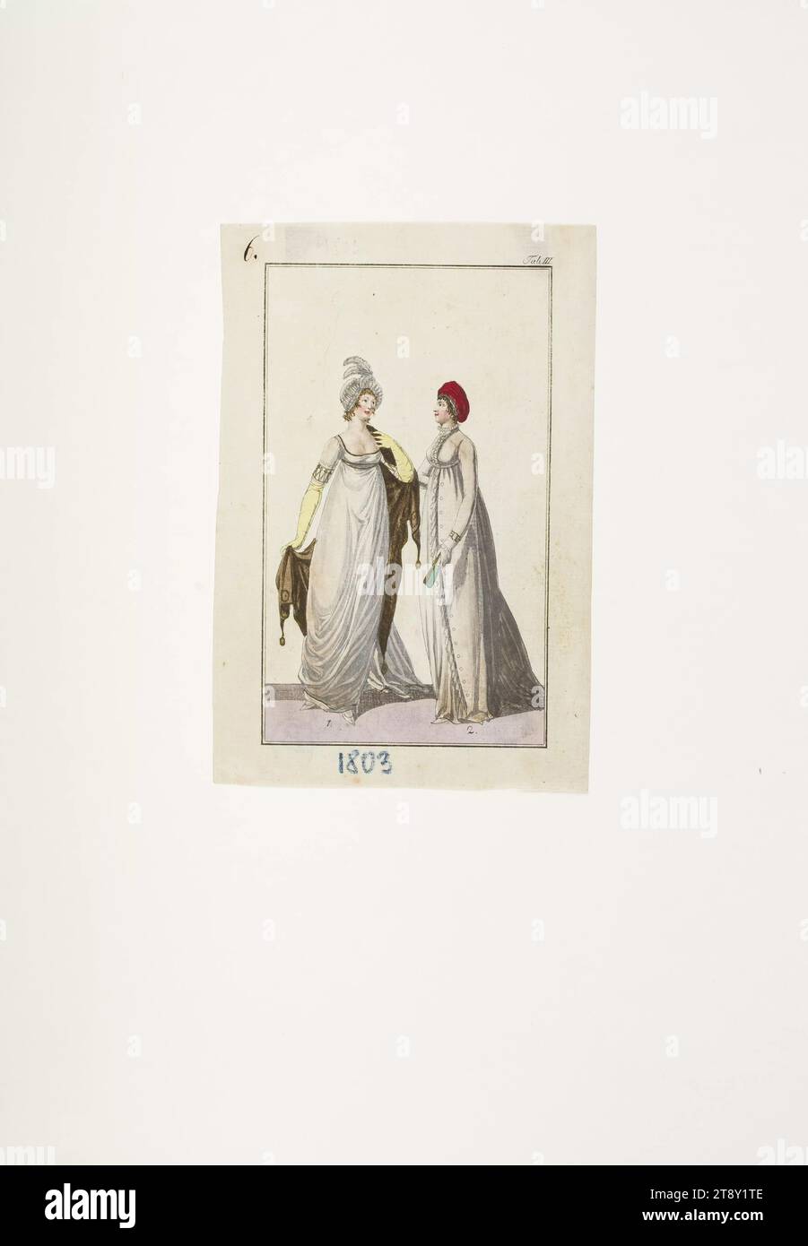 Foto della moda: "Signora con cappello di piuma e turbante", sconosciuto, 1803, carta, colorata, incisione su piastra di rame, altezza 16, 4 cm, larghezza 11 cm, dimensioni piastra 14 x 8, 4 cm, moda, borghesia, piatti di moda, copricapo, copricapo: turbante, donna, colletto  abbigliamento, abito, abito, la Vienna Collection Foto Stock