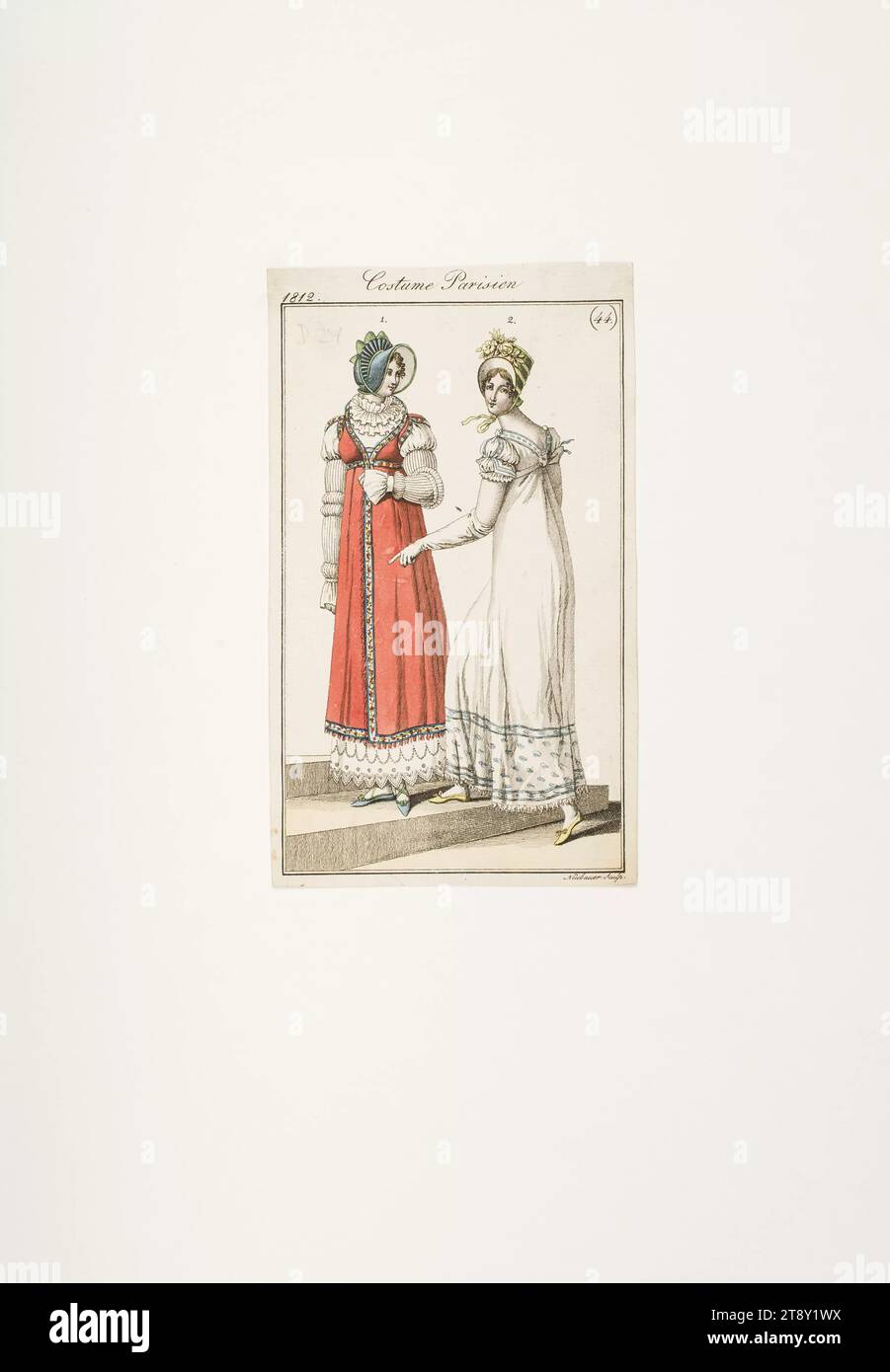Foto della moda: "Due donne francesi in abiti percal e cashmere", sconosciuto, 1812, carta, colorata, incisione su piastra di rame, altezza 16, 4 cm, larghezza 9, 7 cm, dimensioni piatto 15 x 9 cm, moda, borghesia, piatti alla moda, testa-ingranaggio, abiti per occasioni ufficiali, donna, abito, abito, la Vienna Collection Foto Stock