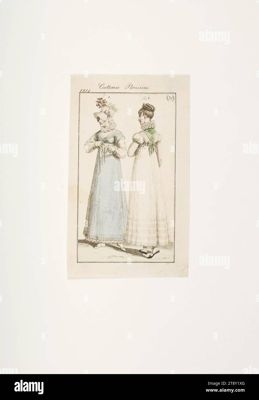 Foto di moda: "Due donne parigine con cappello inglese e treccia di capelli", sconosciuto, 1814, carta, colorata, incisione su piastra di rame, altezza 18, 4 cm, larghezza 10, 9 cm, dimensioni piastra 15, 3 x 8, 8 cm, moda, borghesia, piatti alla moda, copricapo, donna, vestito, abito, la Vienna Collection Foto Stock