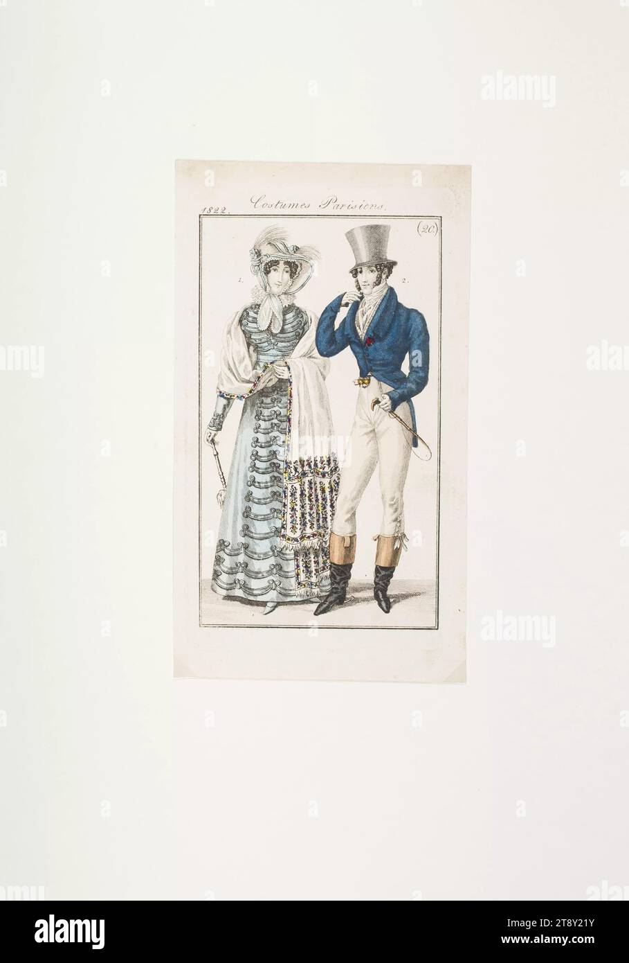 Piatto di moda: 'Donna parigina con cappello da pisello, gentiluomo in costume da cavallo', sconosciuto, 1822, carta, colorata, incisione su piastra di rame, altezza 19, 5 cm, larghezza 11, 1 cm, dimensioni piastra 15, 5 x 9 cm, moda, borghesia, Biedermeier, attività ricreative e ricreative, sport, piatti alla moda, attrezzature per la testa, dolciumi, beau, cappotto, donna, uomo, vestito, abito, la Vienna Collection Foto Stock