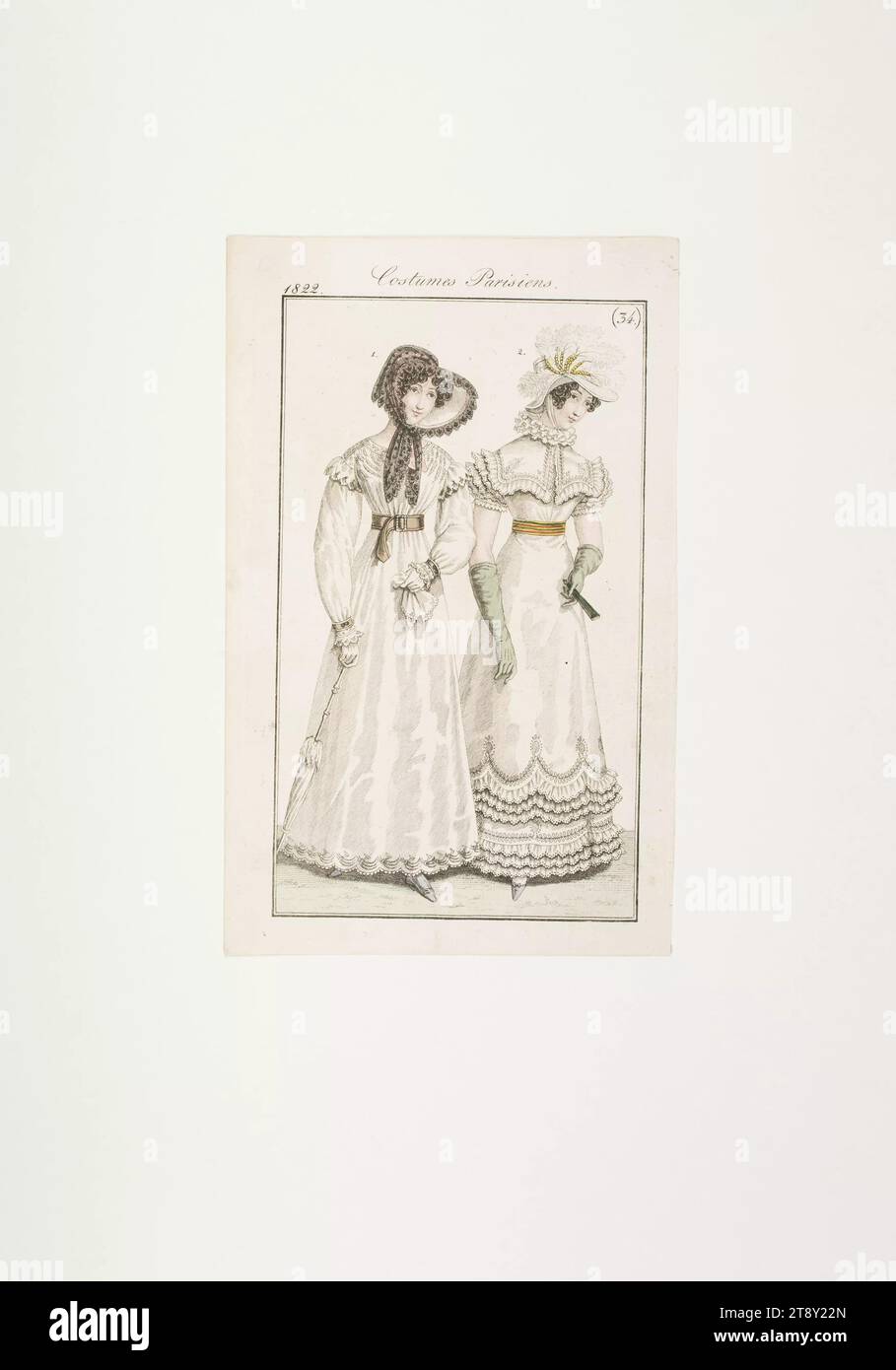 Foto della moda: "Donna francese in percale con scarpe viola", sconosciuto, 1822, carta, colorata, incisione su piastra di rame, altezza 19 cm, larghezza 11, 9 cm, dimensione piastra 16, 4 x 9, 6 cm, moda, borghesia, Biedermeier, piatti alla moda, copricapo, donna, vestito, abito, la Vienna Collection Foto Stock