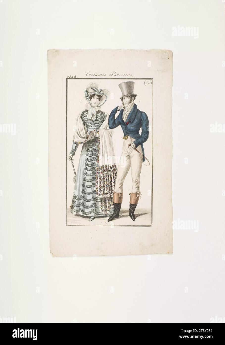 Piatto di moda: 'Donna parigina in berretto, gentiluomo in costume da cavallo', sconosciuto, 1822, carta, colorata, incisione su piastra di rame, altezza 19, 5 cm, larghezza 11, 1 cm, dimensioni piastra 15, 5 x 9 cm, moda, borghesia, Biedermeier, attività ricreative e ricreative, sport, piatti alla moda, attrezzature per la testa, dolciumi, beau, cappotto, donna, uomo, vestito, abito, la Vienna Collection Foto Stock