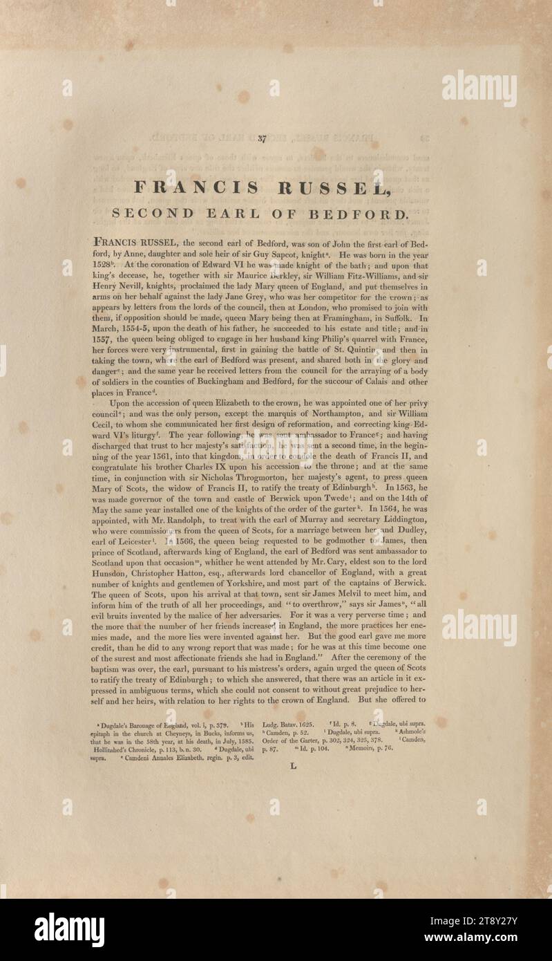 FRANCIS RUSSEL, II CONTE DI BEDFORD.', Thomas Birch (1705-1766), Auteur, 1813, paper, stampa, altezza 50, 3 cm, larghezza 32, 3 cm, aristocrazia, tenuta Constantin von Wurzbach, biografia (testo), la collezione di Vienna Foto Stock