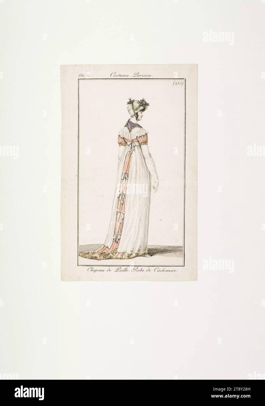 Foto di moda: "Donna con cappello di paglia e abito con treno", sconosciuto, 1803, carta, colorata, incisione su piastra di rame, altezza 19, 1 cm, larghezza 12, 1 cm, dimensioni piastra 16, 5 x 9, 5 cm, moda, borghesia, piatti alla moda, copricapo, donna, vestito, abito, la Vienna Collection Foto Stock