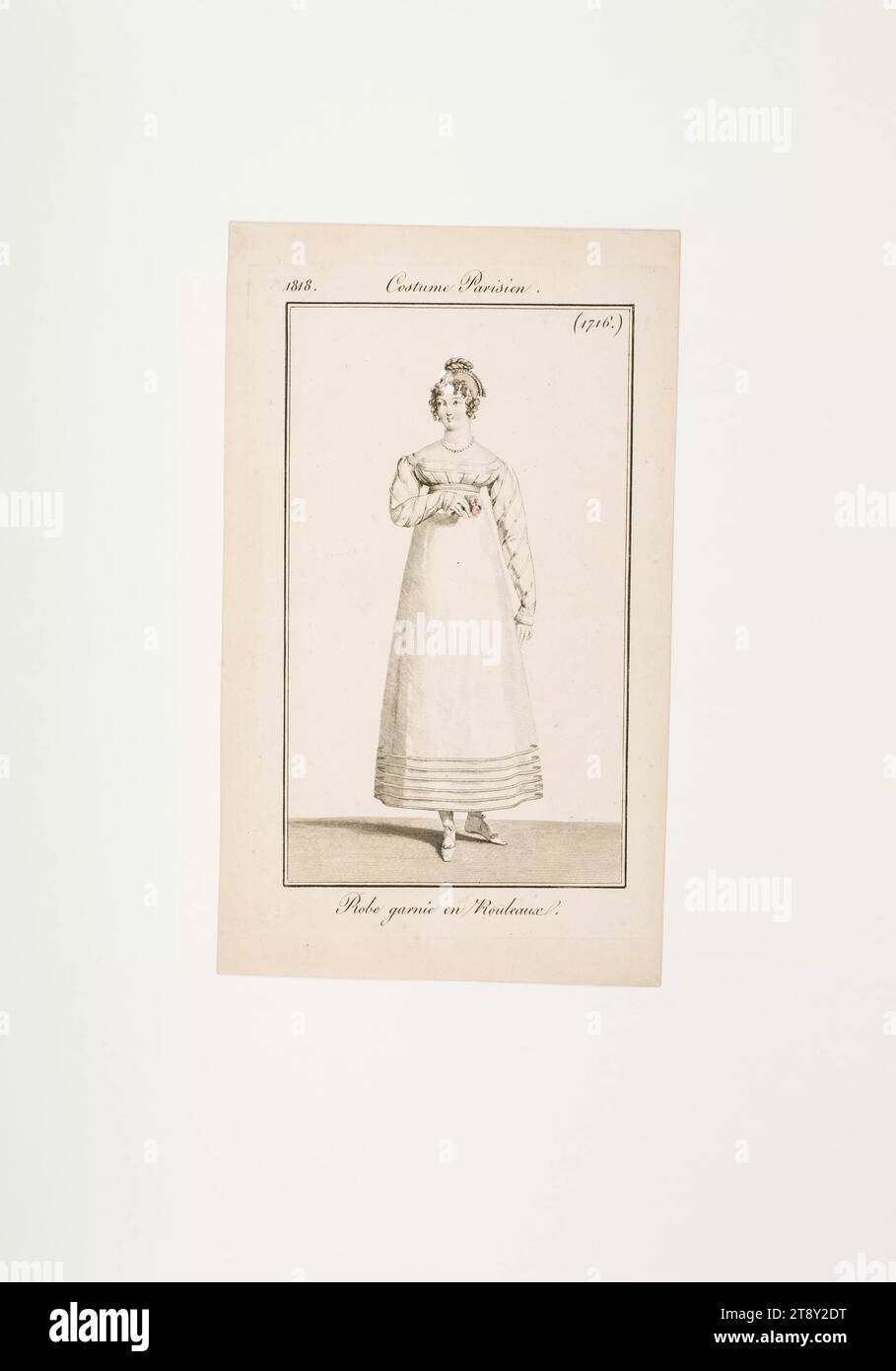 Targa di moda: 'Signora parigina in abito bianco, con due rose', sconosciuto, 1818, carta, colorato, incisione su lastre di rame, altezza 19, 9 cm, larghezza 11, 9 cm, dimensioni piastra 15, 3 x 9 cm, moda, borghesia, Biedermeier, piatti alla moda, copricapo, donna, vestito, abito, la Vienna Collection Foto Stock