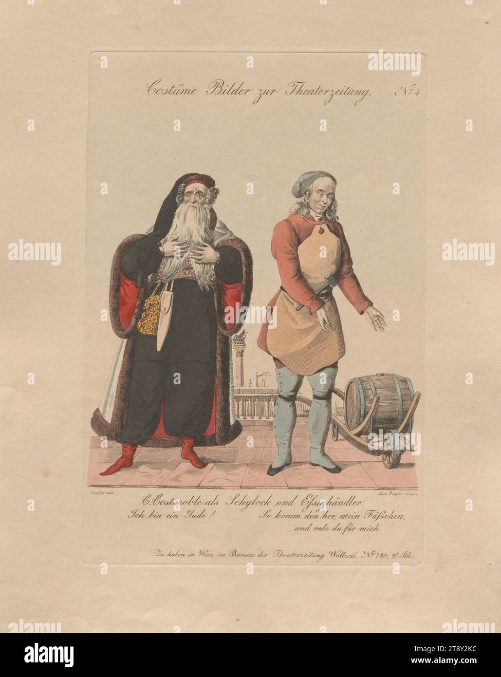Karl Ludwig Costenoble interpreta Schylok e commerciante di aceto in "il mercante di Venezia" (immagine in costume n. 4 al giornale di teatro), Andreas Geiger (1765-1856), incisore in rame, 1833, colorato, incisione su piastra di rame, dimensioni foglio 29, 6 x 23, 5 cm, Teatro, arti dello spettacolo, Belle Arti, attore (sul palco), la Vienna Collection Foto Stock