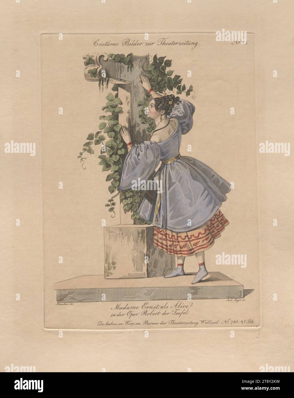 Madame Ernst interpreta Alice in "Robert il Diavolo" (immagine costume n.. 25 al giornale di teatro), Andreas Geiger (1765-1856), incisore in rame, 1835, colorato, incisione su piastra di rame, dimensioni foglio 29, 4 x 23, 5 cm, Teatro, arti dello spettacolo, Belle Arti, attore (sul palco), la Vienna Collection Foto Stock