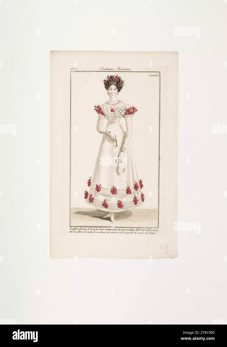 Foto della moda: "Pariserin mit Festfrisur, Tanzkleid mir Rosen verziert und Fächer", sconosciuto, 1822, carta, colorata, incisione su piastra di rame, altezza 21, 4 cm, larghezza 13, 2 cm, dimensioni piastra 16 x 9 cm, moda, borghesia, Biedermeier, danza, vita notturna, festival pubblici e celebrazioni, piatti di moda, capi, abbigliamento per le occasioni ufficiali, donna, abito, abito, la Vienna Collection Foto Stock